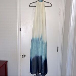 Luxxel Cream Blue Dip Dye Tie Neck Low Back Maxi Dress S